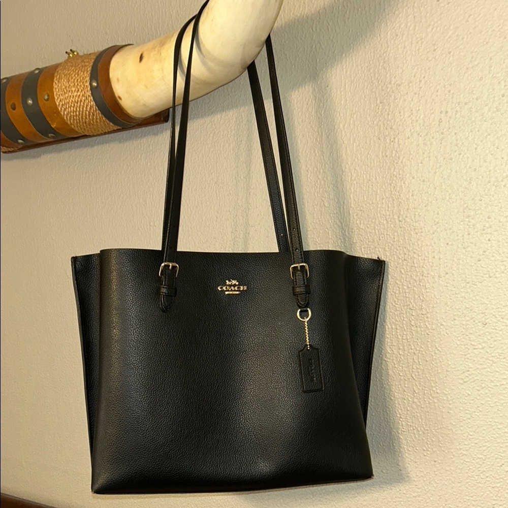 COACH Black Pebbled Leather Shoulder Tote with Gold Hardware